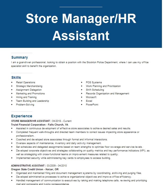 Store Hr Manager Resume Example