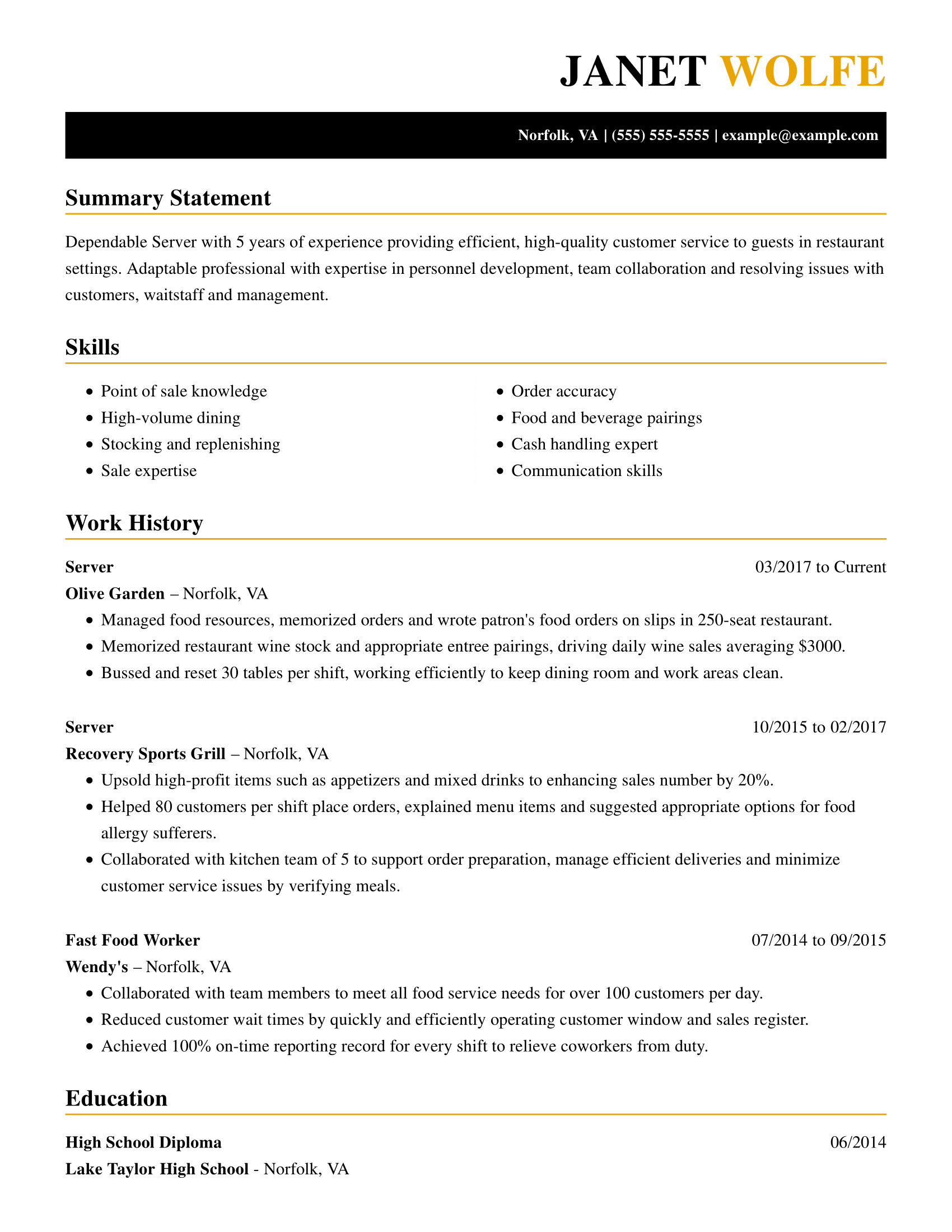 Professional Food Service Resume Examples LiveCareer