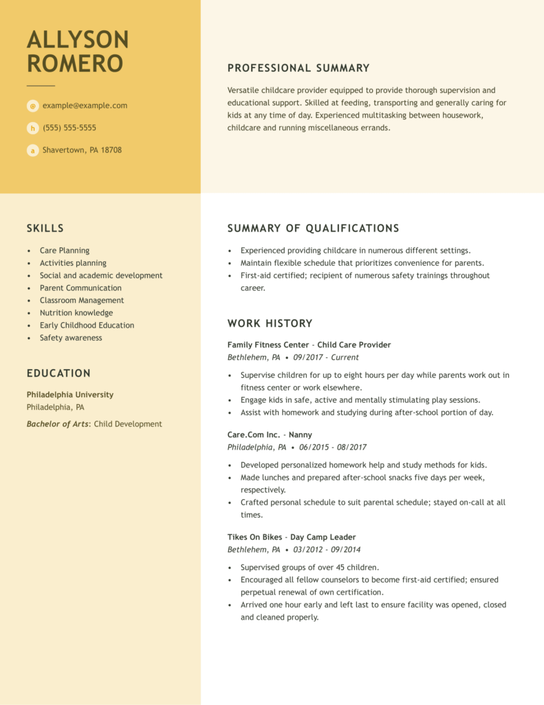 Professional Child Care Provider Resume Examples