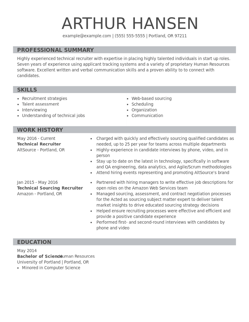 Technical Recruiter Resume Examples Human Resources