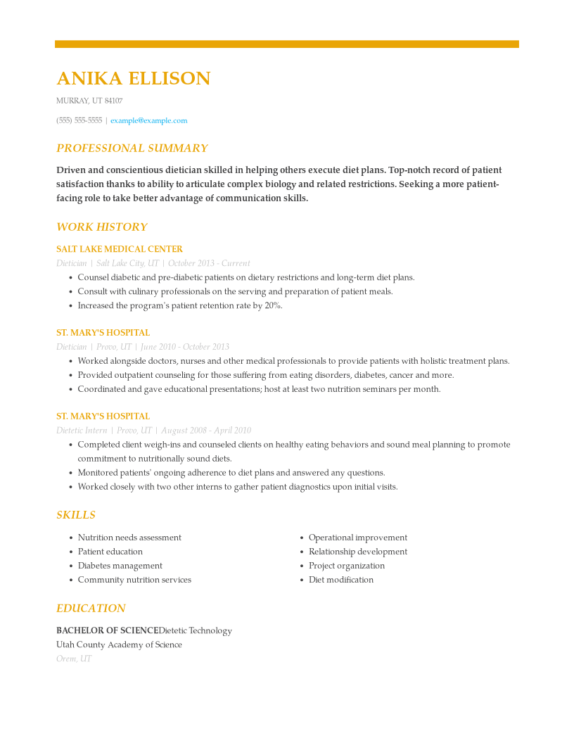 Professional Dietitian Resume Examples