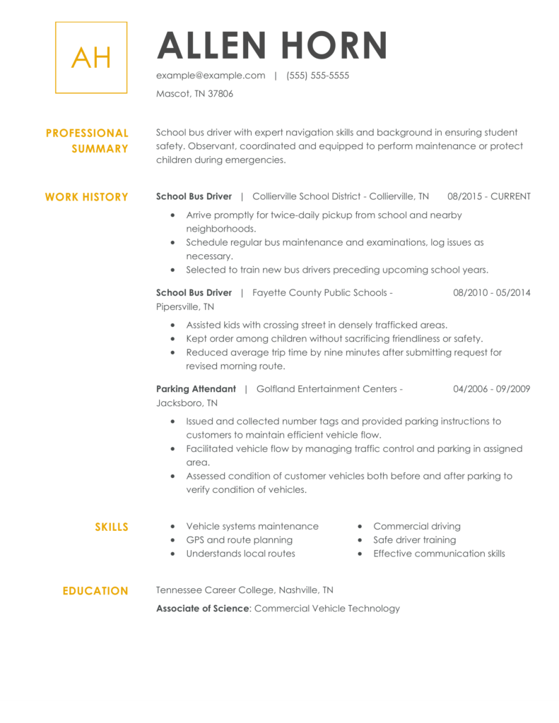 Professional School Bus Driver Resume Examples