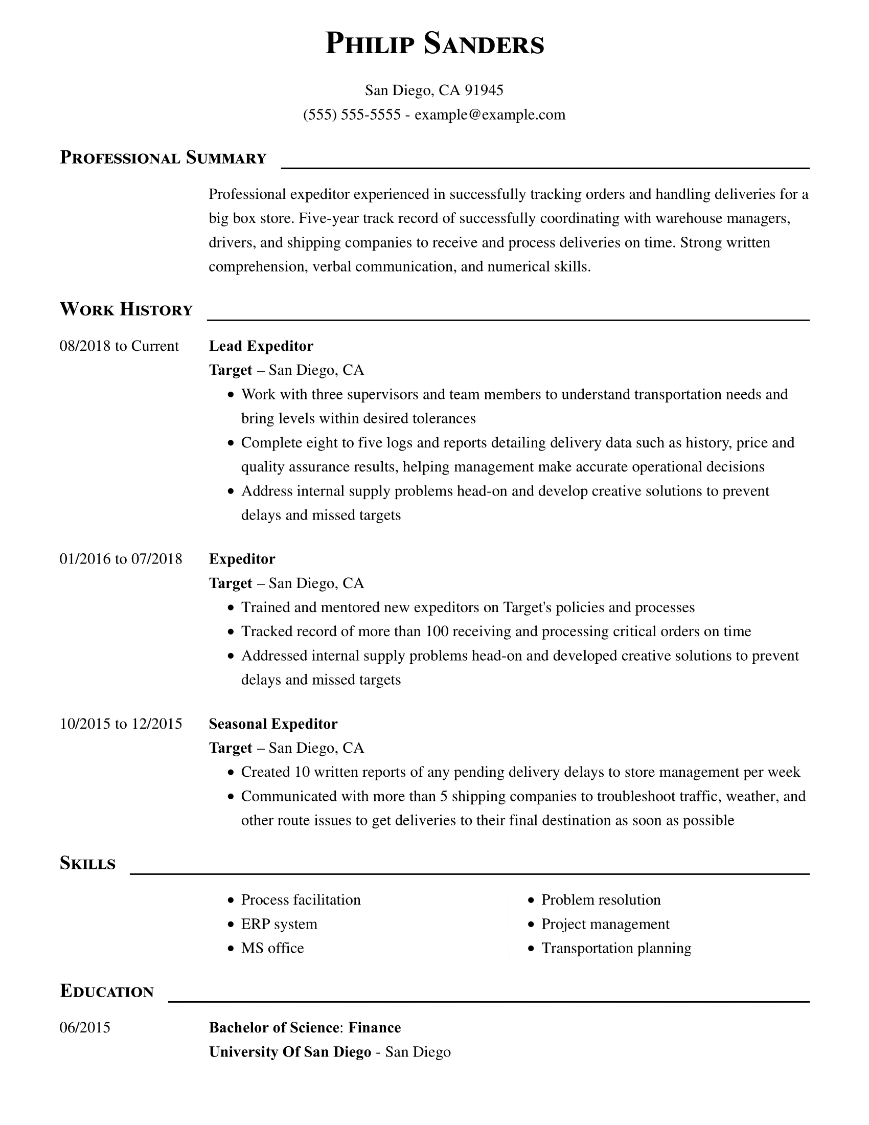 Expeditor Resume Sample