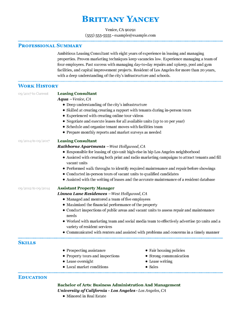 Professional Leasing Consultant Resume Examples