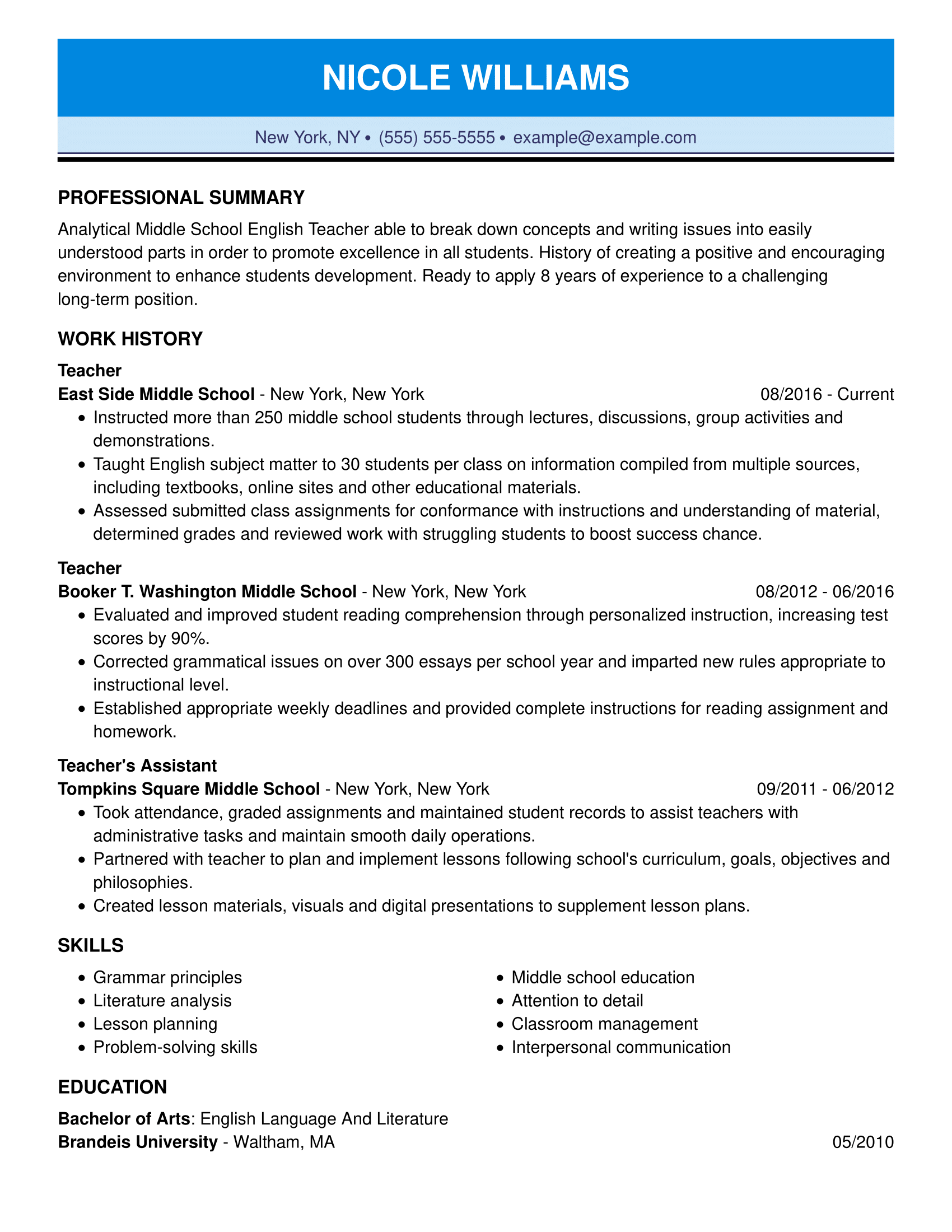 Professional Teaching Resume Examples LiveCareer