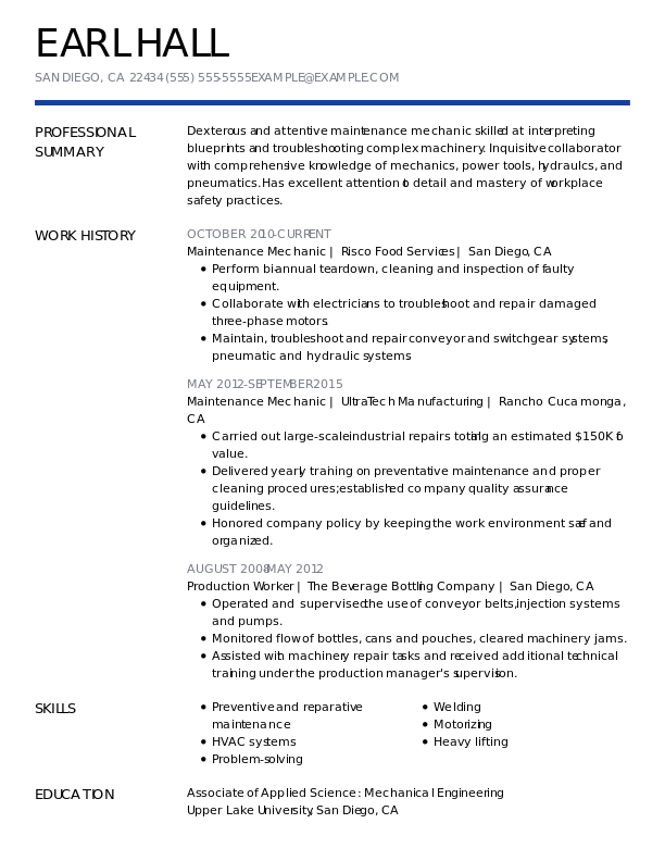 Professional Maintenance Mechanic Resume Examples