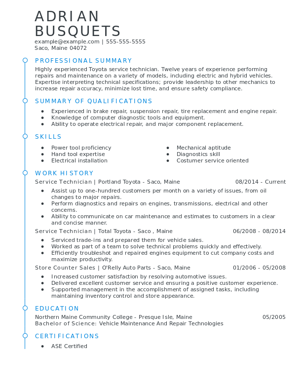 Professional Service Technician Resume Examples