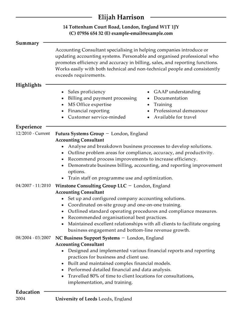 Professional Accounting Consultant Resume Examples