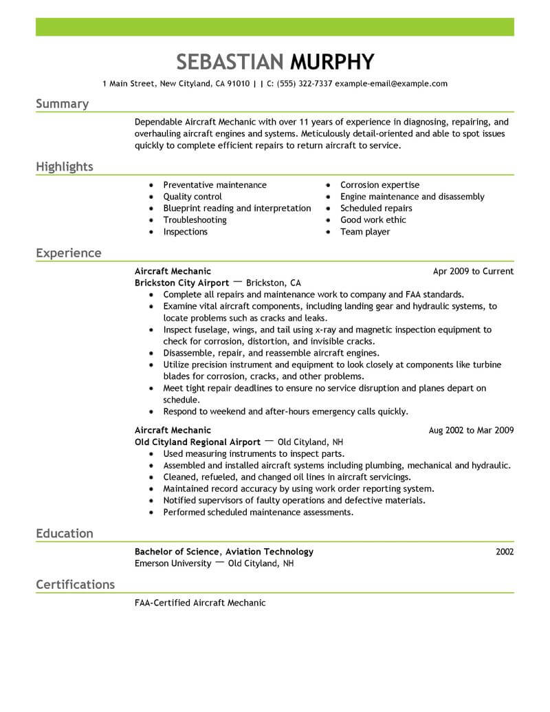 Professional Aircraft Mechanic Resume Examples