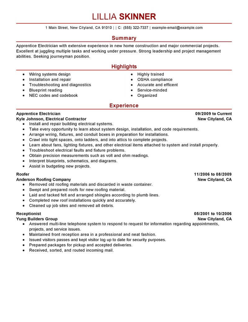 Professional Apprentice Electrician Resume Examples