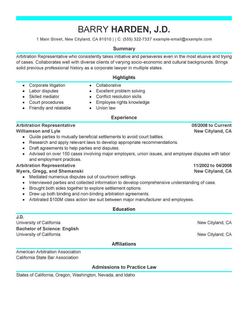 Professional Arbitration Representative Resume Examples