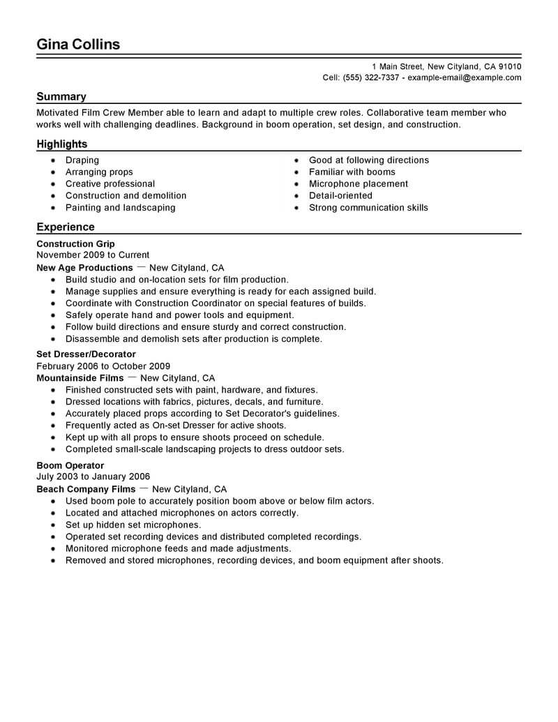 Professional Film Crew Resume Examples For 2022 LiveCareer