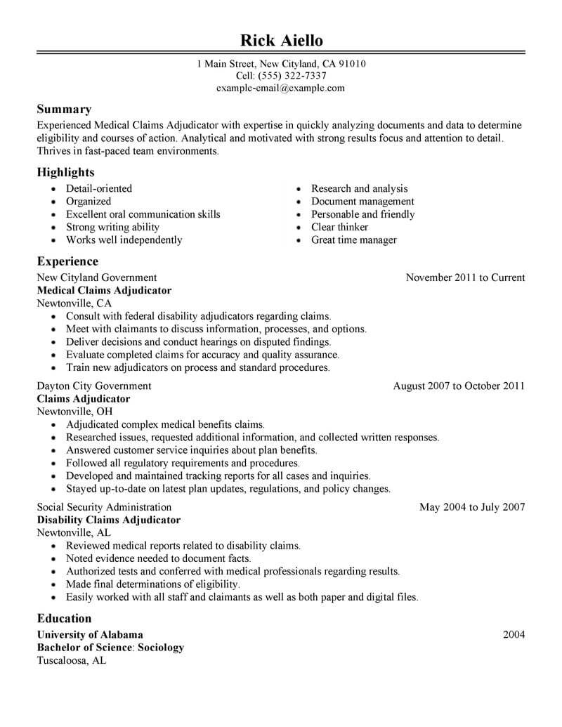 Professional Experienced Medical Claims Adjuster Resume Examples