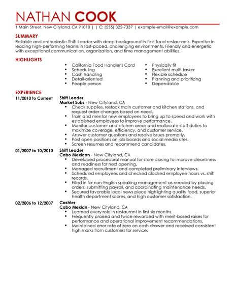 Professional Shift Leader Resume Examples