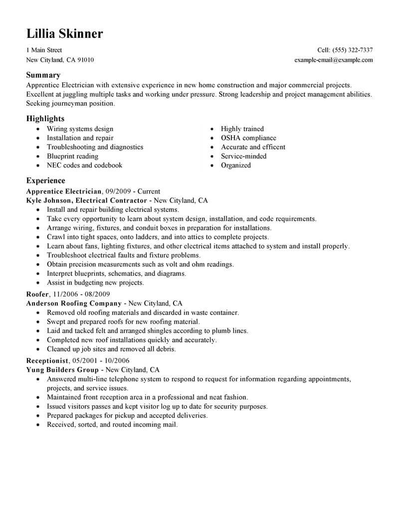 Best Apprentice Electrician Resume Example LiveCareer