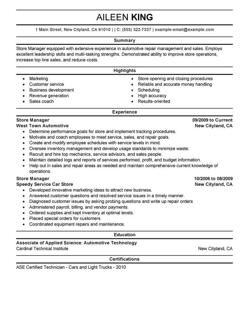 resume examples business management